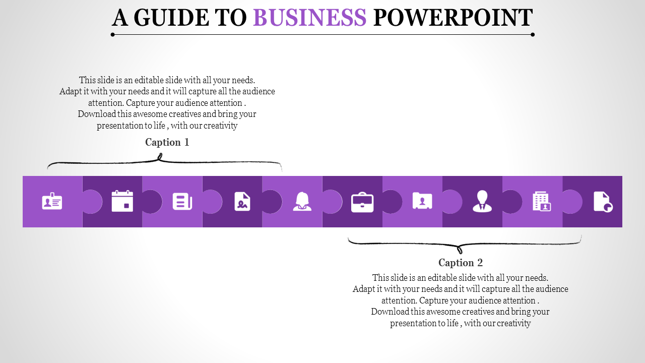 Business themed slide with a horizontal purple puzzle piece graphic containing white icons and two captions.