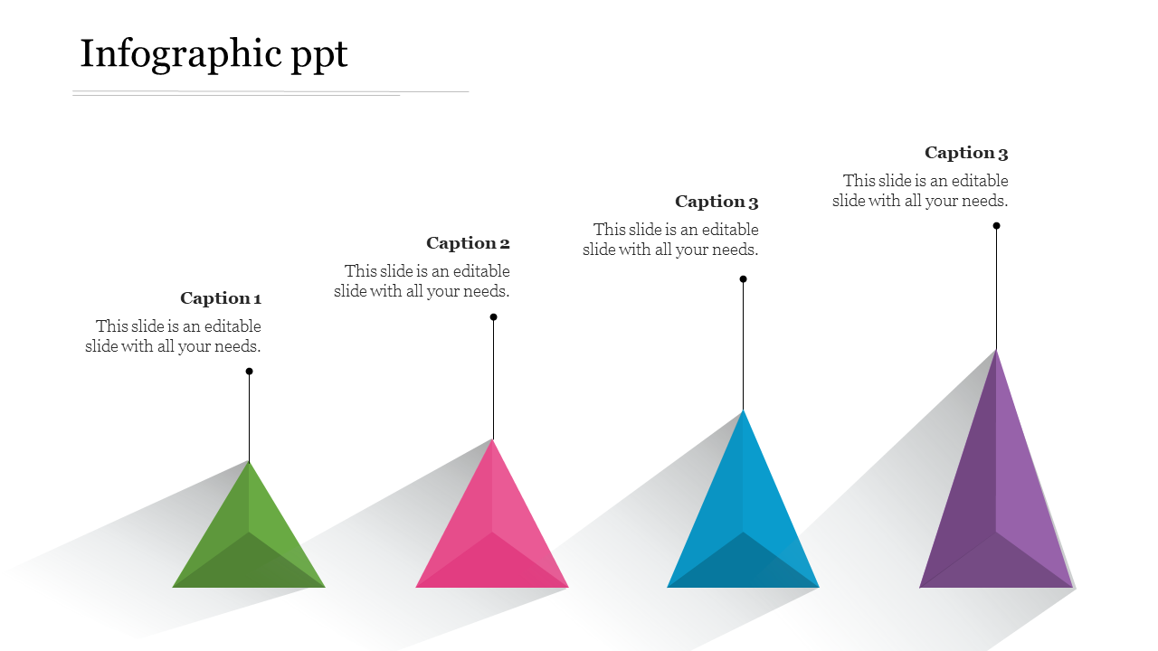 Infographic PowerPoint slide with four colorful triangles pointing upwards with captions.