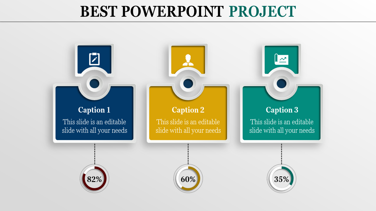 Creative PowerPoint slide with a colorful layout with three sections and progress indicators.