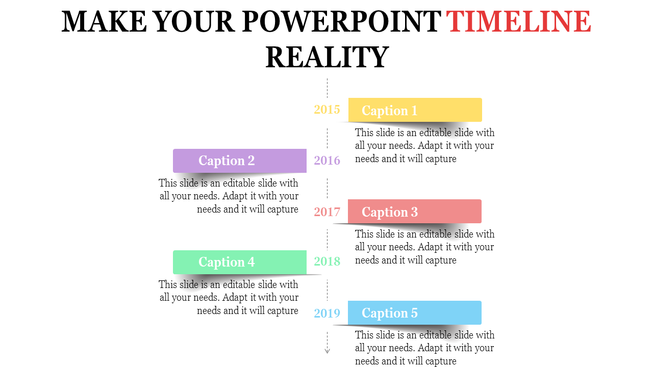 PowerPoint timeline slide showing years from 2015 to 2019 with colorful caption boxes for each year.