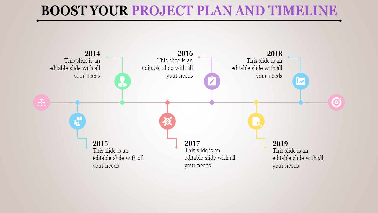 A colorful project timeline with icons for each year, from 2014 to 2019, including a flowchart, people, pencil, and target.