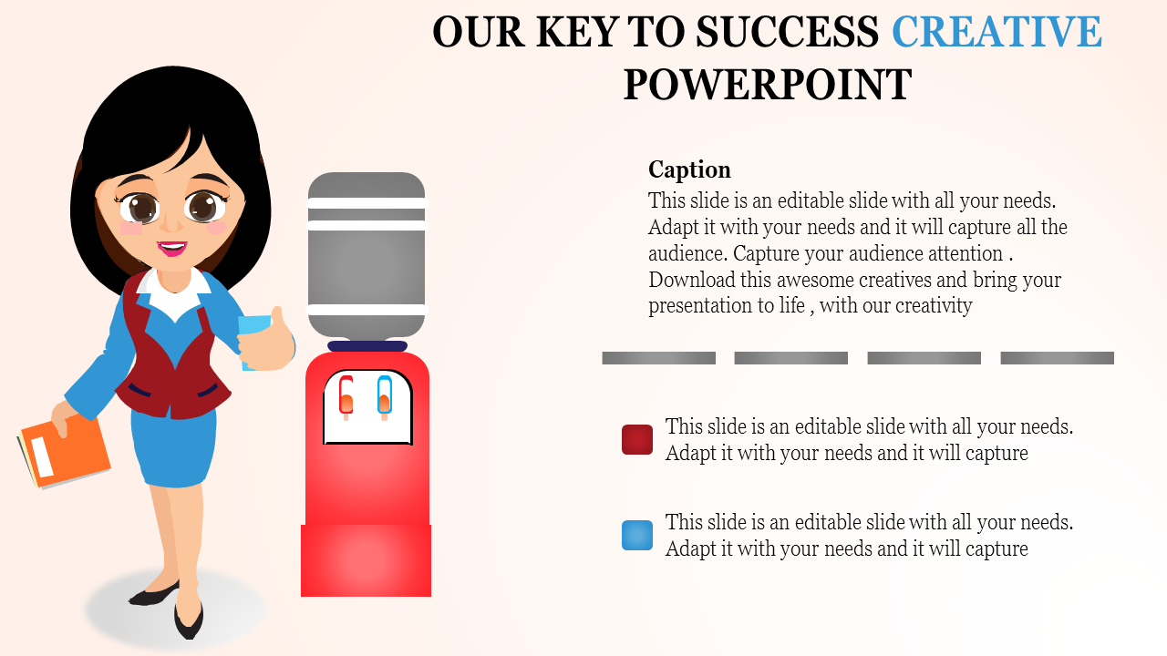 A creative PPT slide featuring a businesswoman giving a thumbs up next to a water cooler, with space for captions and text.