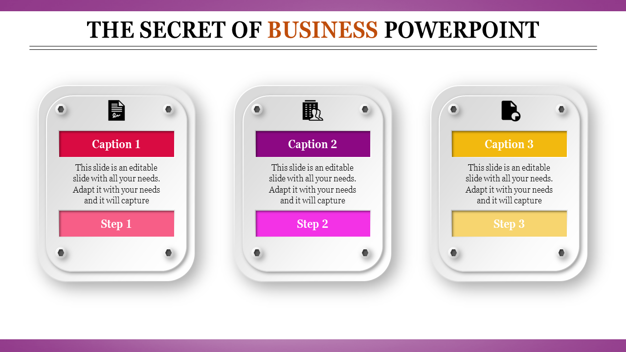 A business PowerPoint template featuring three steps, each with an icon and a caption area.