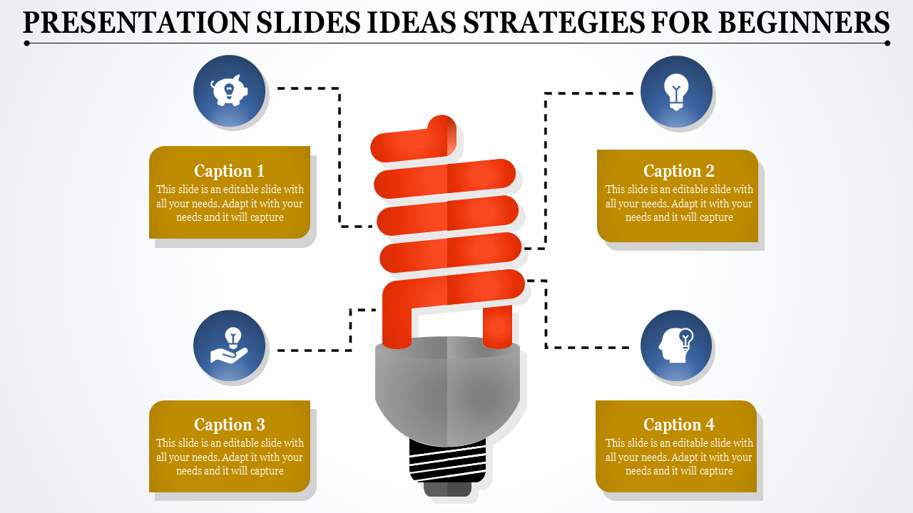 A presentation slide featuring a lightbulb and icons for creative slide ideas with captions.