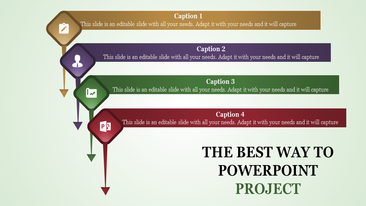 Project PPT template with colorful arrows and icons with captions and placeholder text.