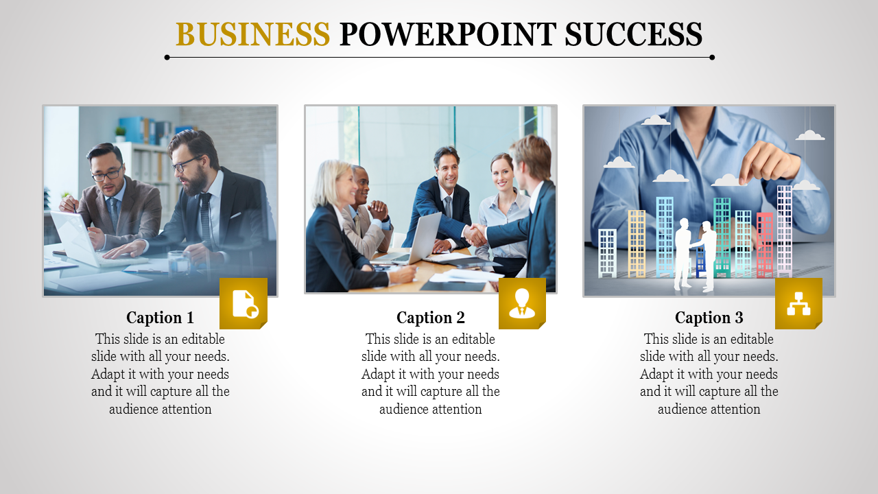 Business slide with three rectangular images of professionals in meetings and handshake visuals, with yellow icons.