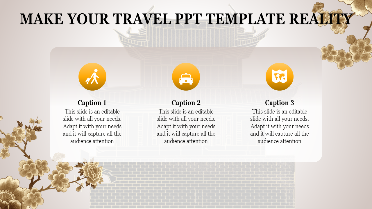 Travel themed PowerPoint slide featuring icons of a person with luggage, a taxi, and a world map with a traditional backdrop.