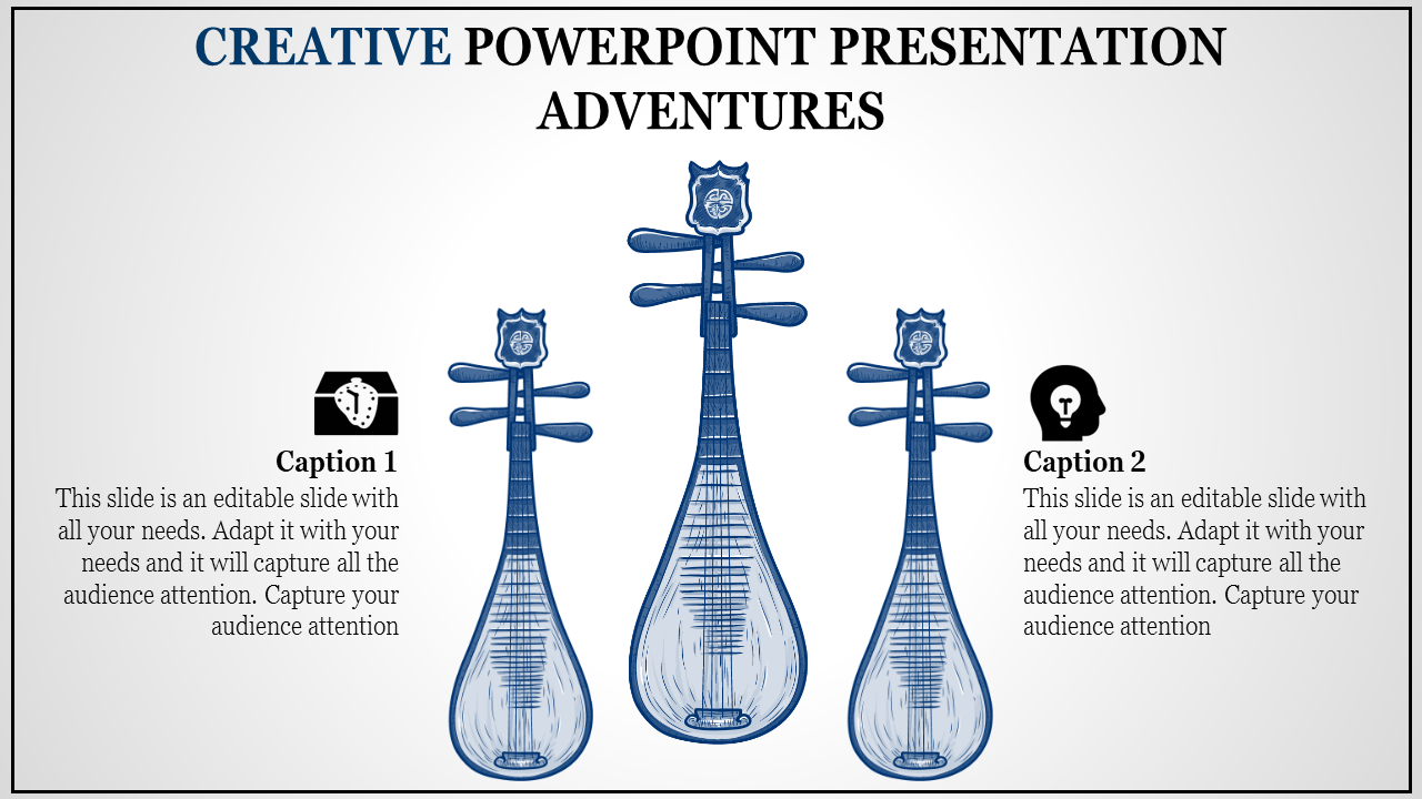 Illustration of three blue traditional string instruments of varying sizes, with captions and icons on a light background.