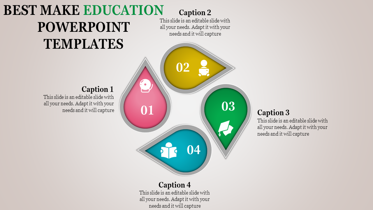 Education themed PowerPoint slide with colorful droplet shaped segments displaying numbered captions and icons.