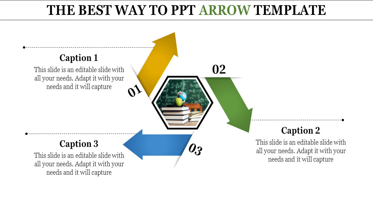 PowerPoint template with arrows pointing in different directions, featuring a hexagon with books and a globe.