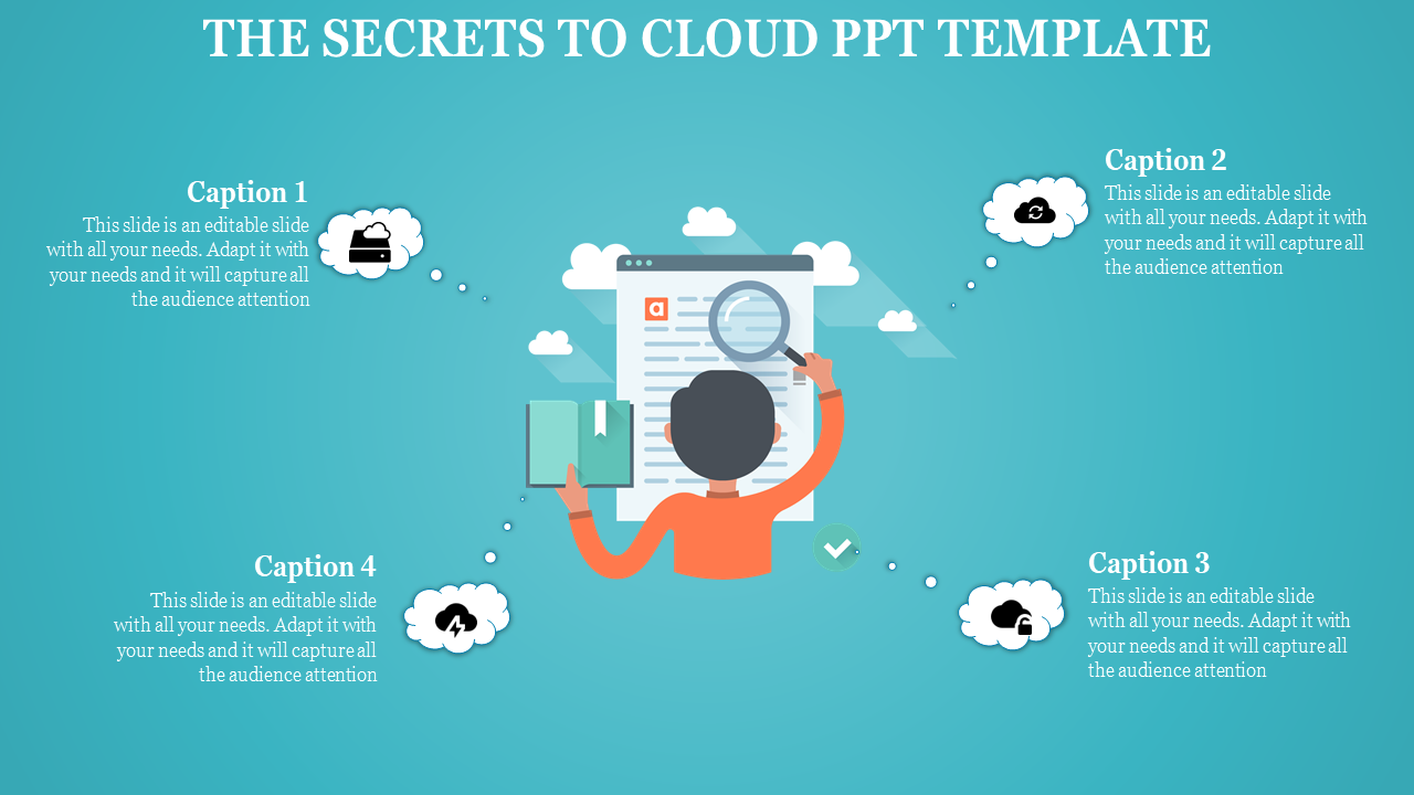 Creative slide design showing a person holding a book and magnifying glass, surrounded by cloud icons.