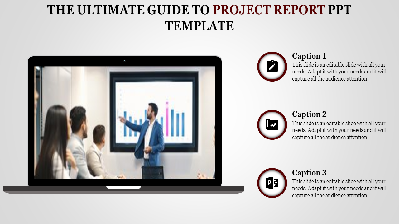 Project report PowerPoint template showing a presentation with a speaker pointing to a graph on a large screen with captions.