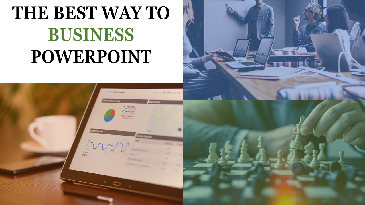 Business themed slide with meeting discussions, data charts on a tablet, and a chessboard, with bold headline.