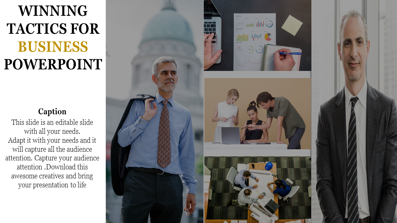 Business themed slide with photos of professionals, charts, meetings, and a caption on the left side of the layout.