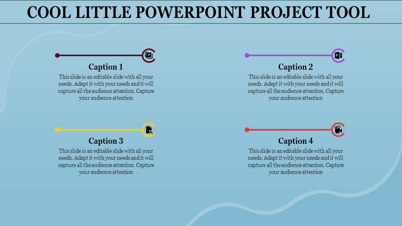 PowerPoint project template featuring a blue background with four captions linked to colorful icons.