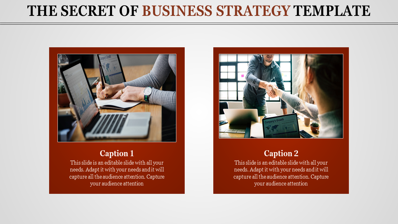 A business strategy template showing professionals collaborating and analyzing company growth data on laptops with captions.