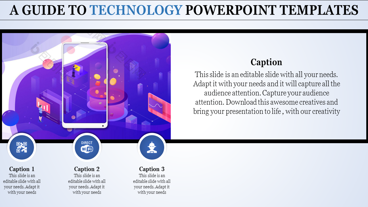 Futuristic illustration of a smartphone over a blue digital themed background with icons and three captions below.