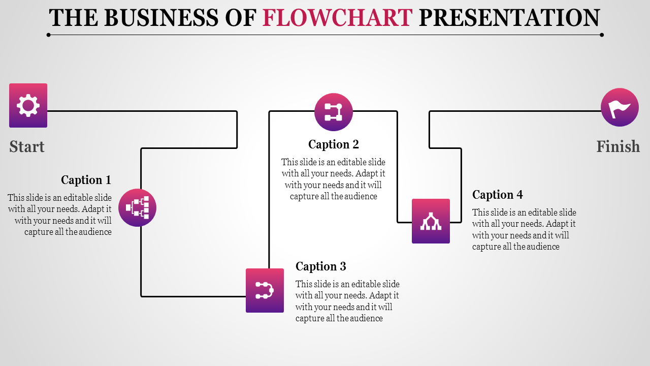 Flowchart slide featuring purple icons with connected captions, in a simple linear layout on a gray backdrop.