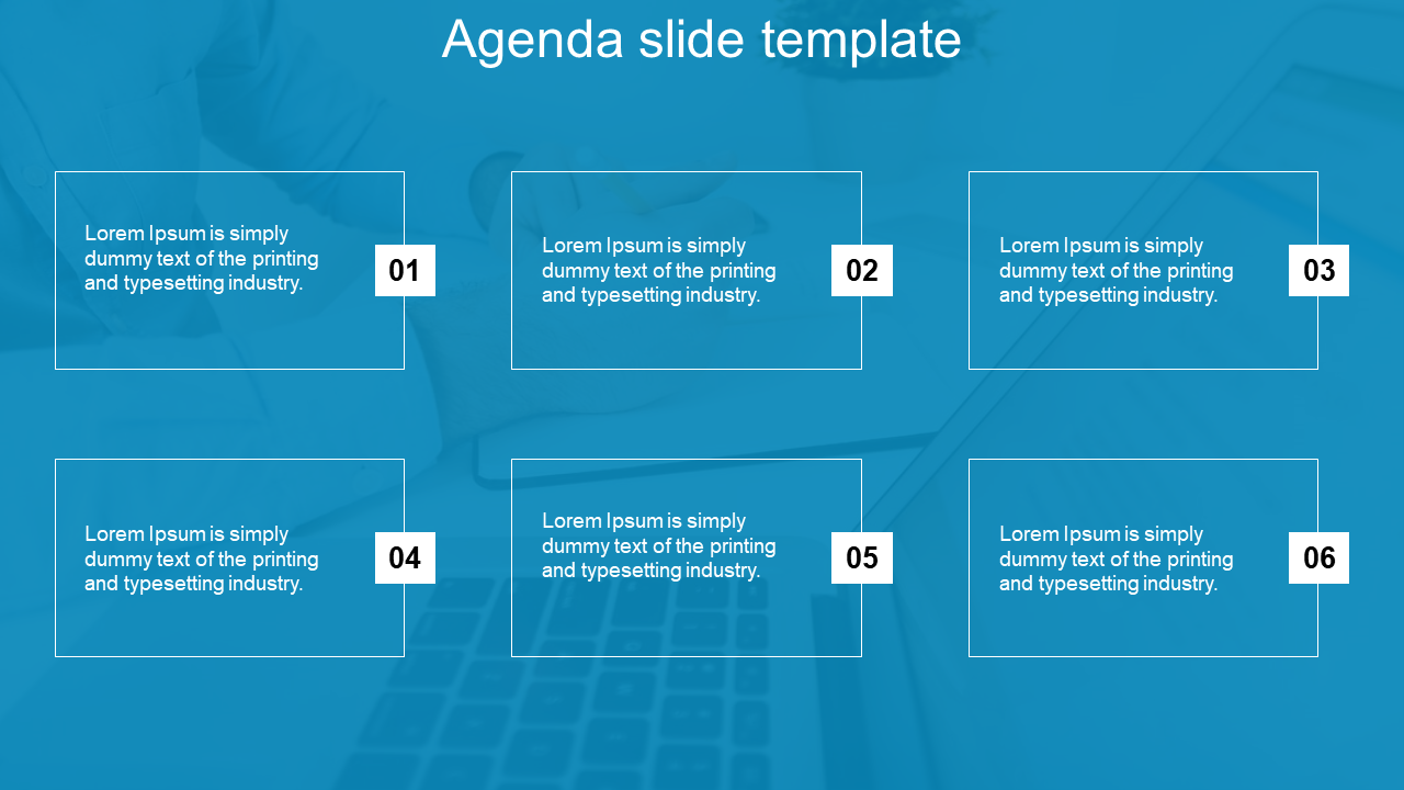 Agenda PPT slide with six numbered sections, each containing placeholder text about the printing and typesetting industry.