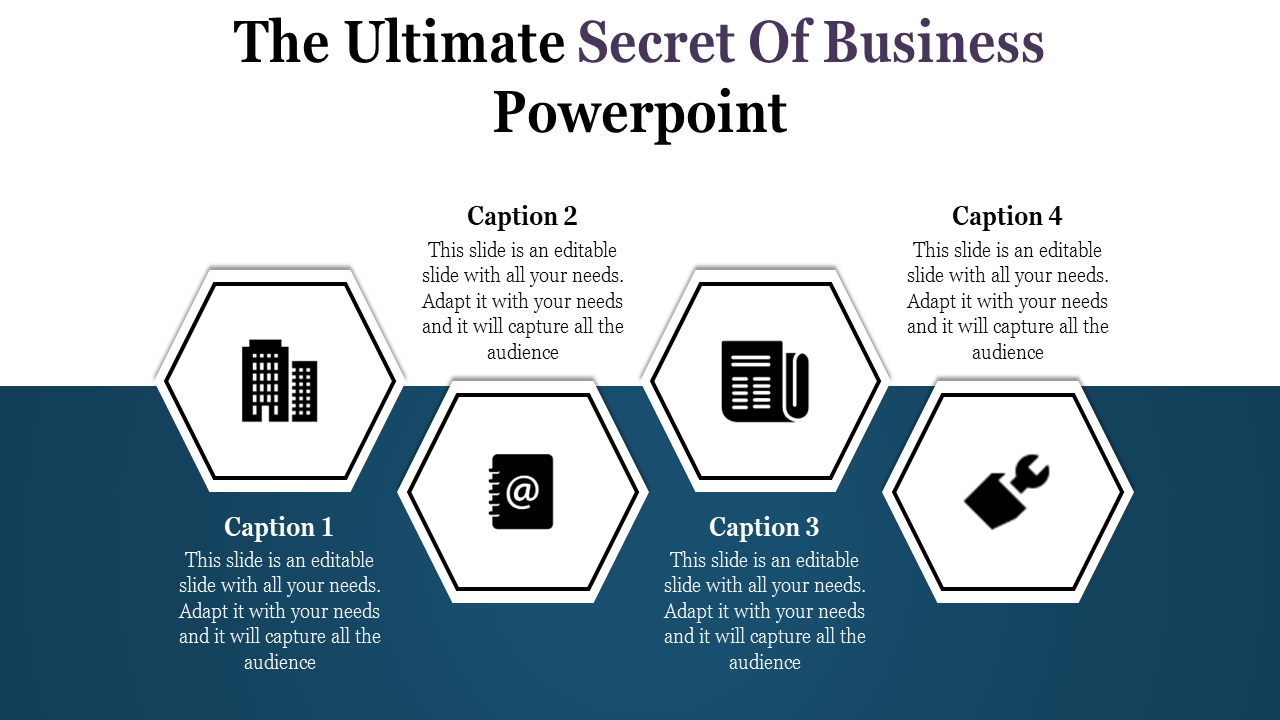 Slide featuring four hexagonal icons in a row, representing business concepts, with captions on a blue and white background.