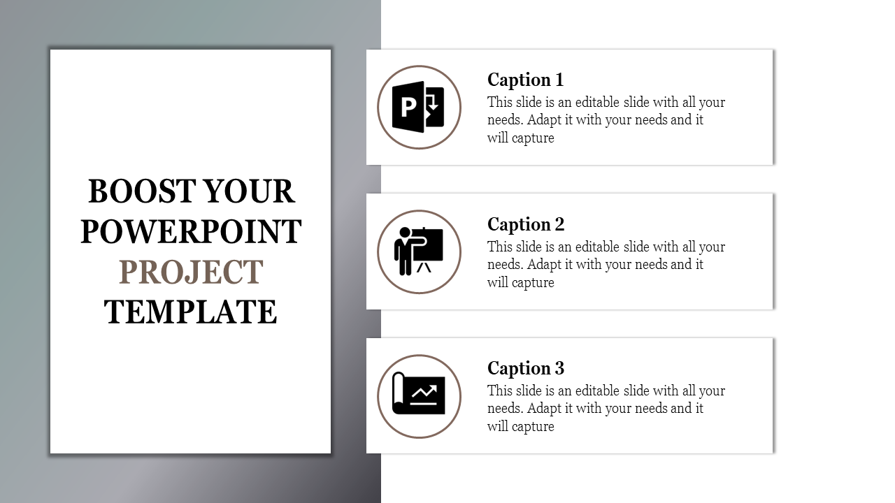 Slide featuring a centered title and three vertically stacked icons and descriptions on a gray background.