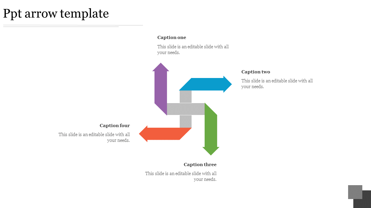 Arrow PPT template with interlinked colored arrows in purple, blue, green, and orange, accompanied by captions.