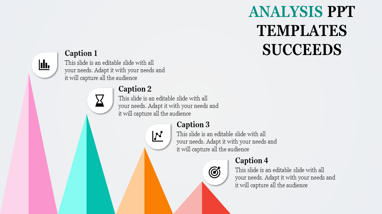 Analysis themed slide with colorful triangular peaks and icons for bar graphs, hourglasses, charts, and targets.