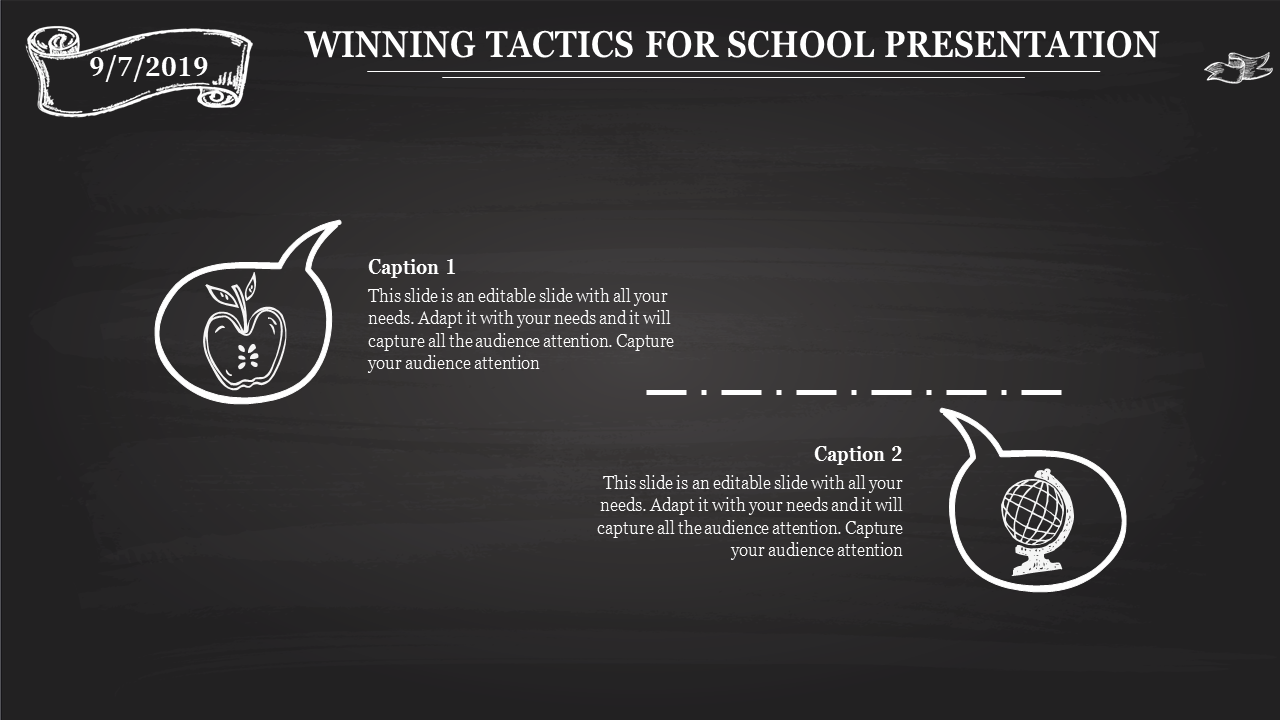 Slide with a blackboard theme, speech bubble captions, and hand drawn educational icons on a black theme.