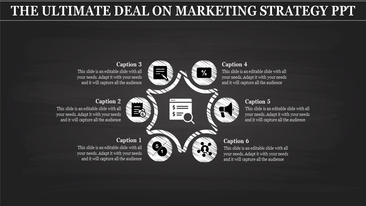 Marketing strategy PPT slide with interconnected icons representing key marketing elements in a star layout with captions.
