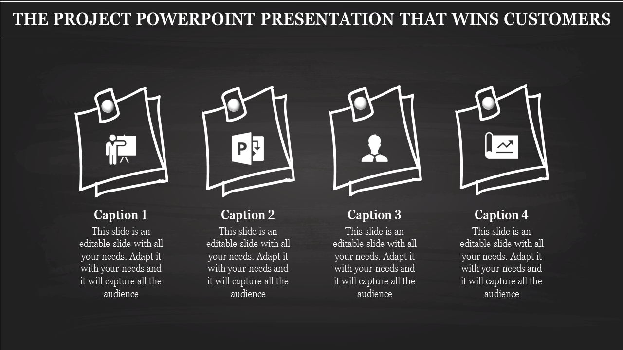 Chalkboard style project PowerPoint template with four pinned note graphics, each labeled with captions and icons.