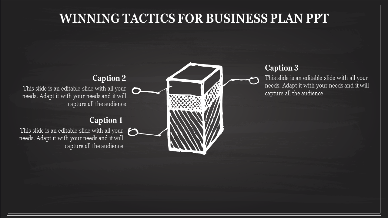 Chalkboard style PowerPoint slide featuring a sketched 3D box with annotations for three captions.