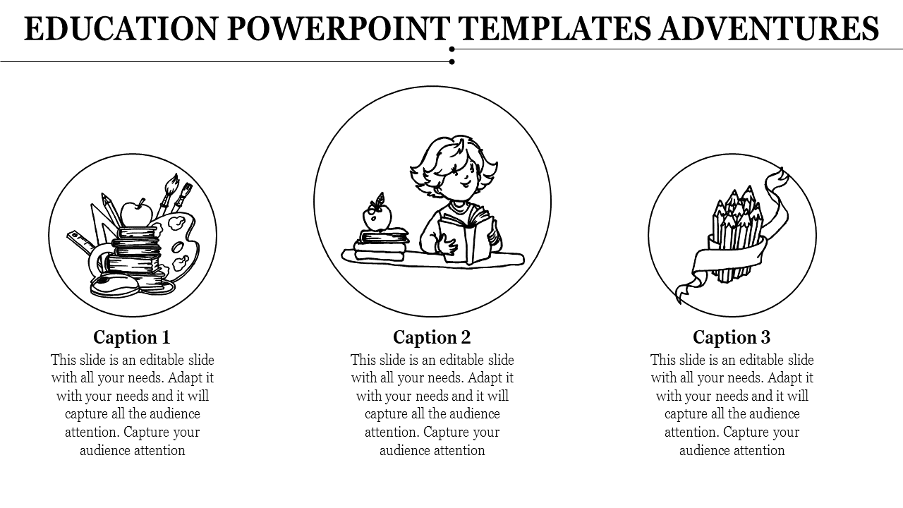 Educational slide showcasing three circular icons art supplies, a child reading, and a bundle of pencils wrapped in a ribbon.