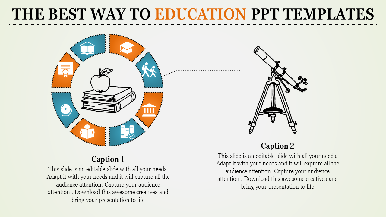 Creative education PPT template featuring a telescope and a circular arrangement of icons like books and graduation caps.