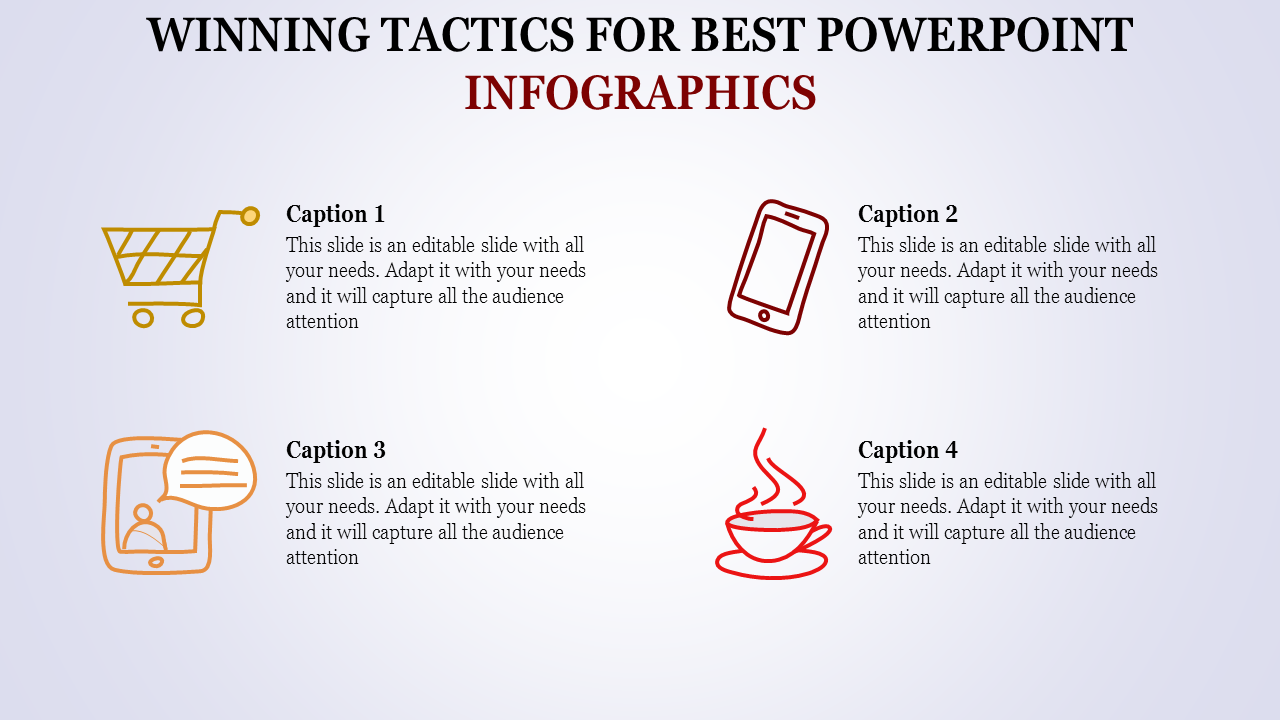 Best infographic PPT slide featuring icons for shopping carts, mobile phones, conversations, and steaming cups of coffee.