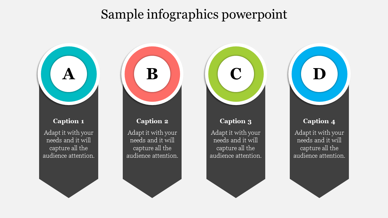 Infographic slide with four colored circles in teal, red, green, and blue, with labeled A to D, and black caption banners.