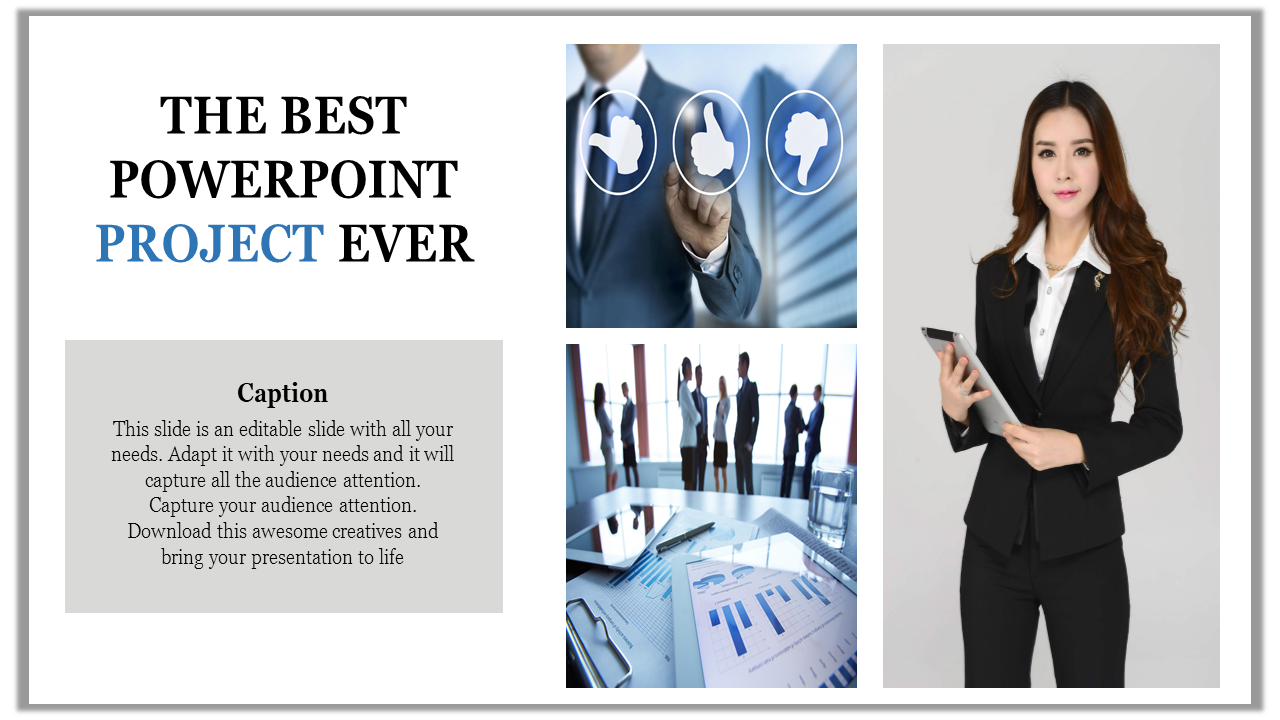 Slide with text on the left and three business themed images, including a woman in a suit, on the right.