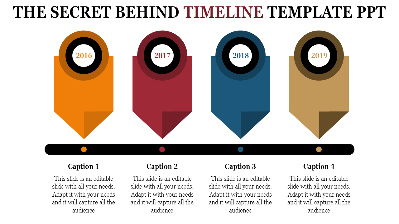 Timeline PPT template showcasing four milestones from 2016 to 2019, represented by colorful markers on a horizontal line.