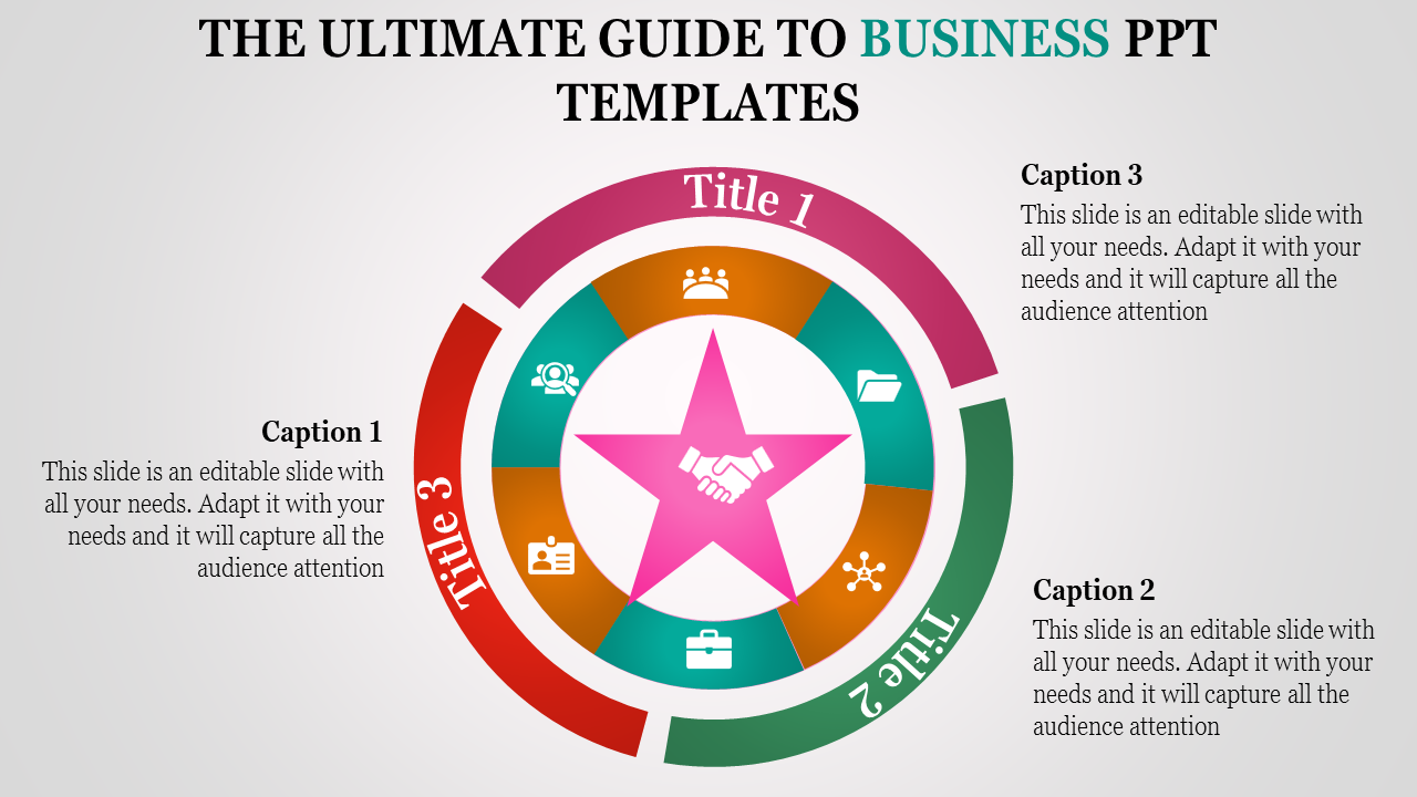 Business slide with a circular infographic divided into three sections, featuring icons and captions around a central symbol.