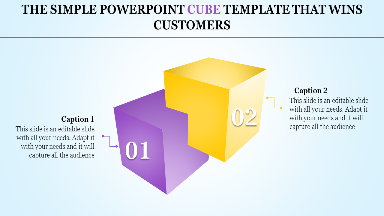 Slide featuring two 3D cubes in purple and yellow, labeled 01 and 02 with captions on each side.