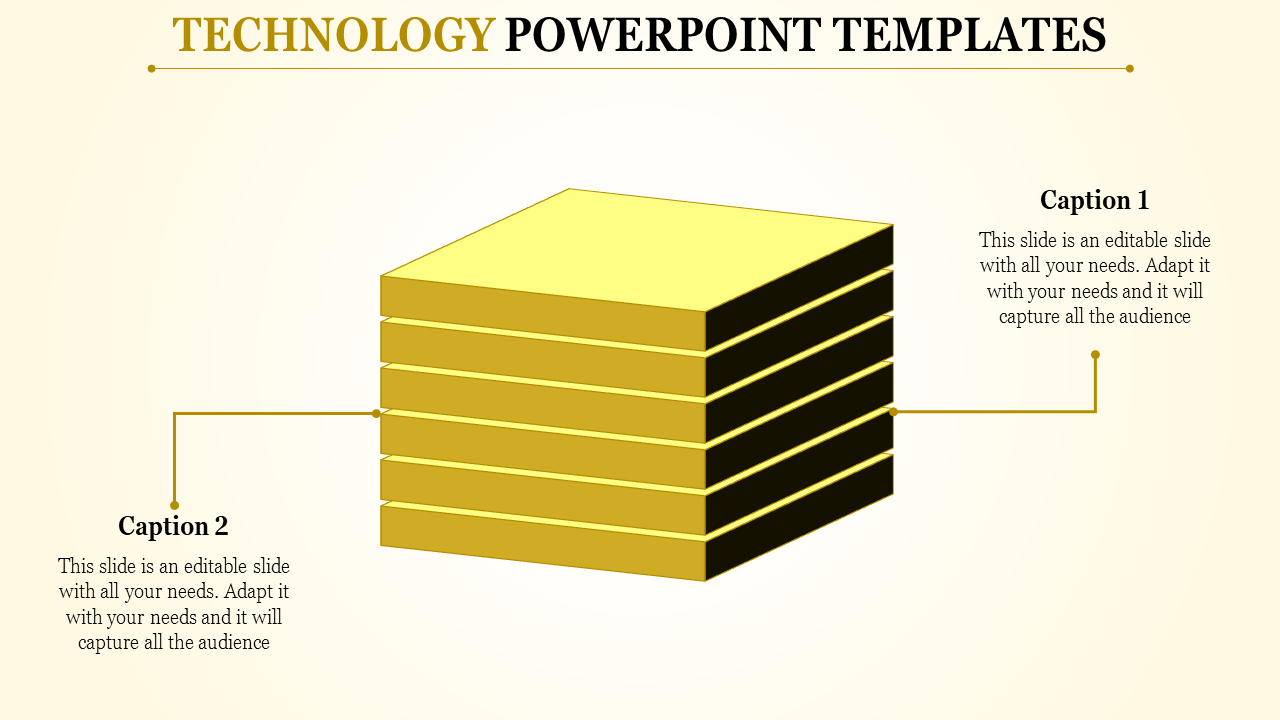 3D stack of golden slabs representing technological layers with captions for content.