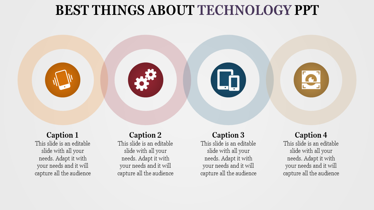 Technology themed PowerPoint template with four circular icons representing different concepts and captions underneath.