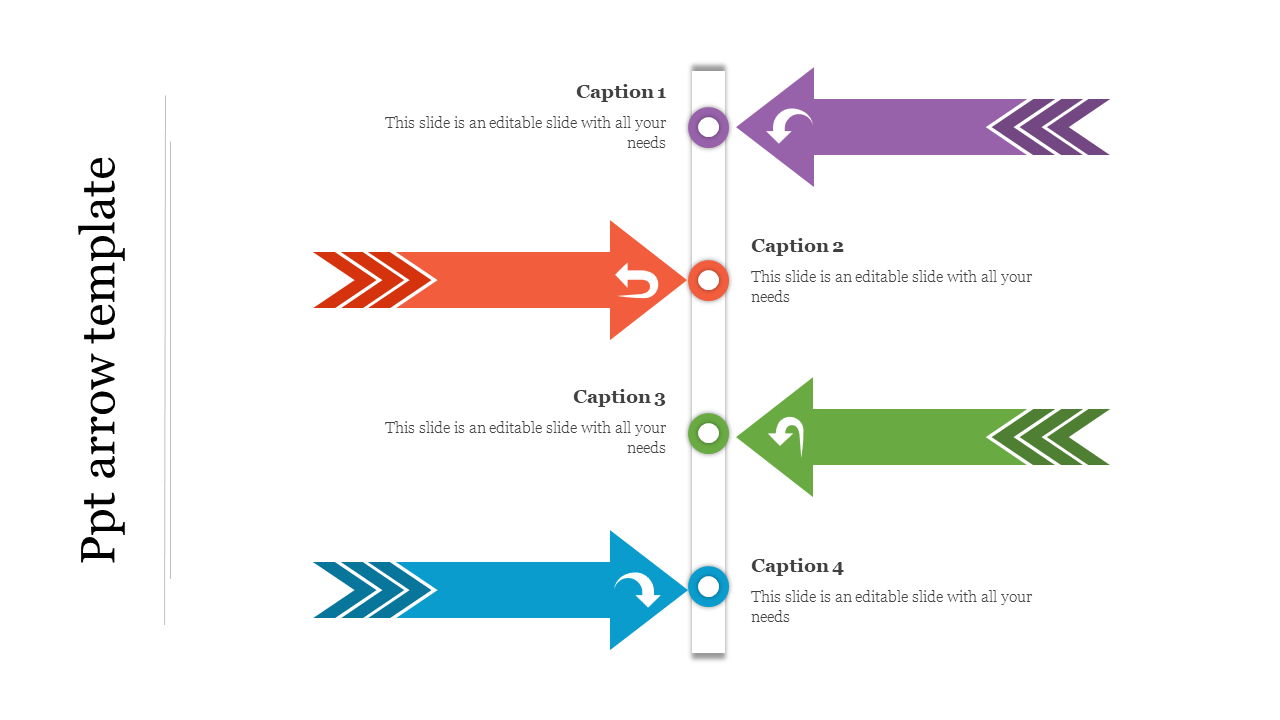 Slide featuring purple, red, green, and blue arrows aligned to a vertical line with captions.