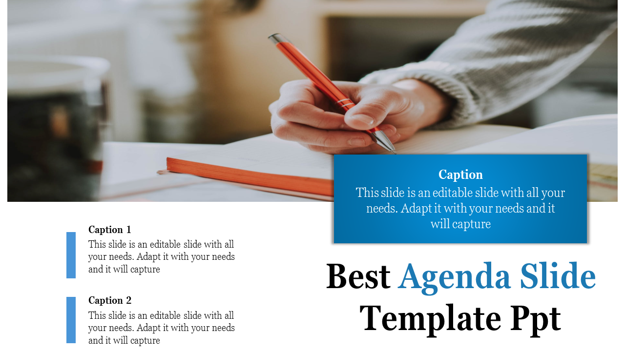 Close up of a hand holding a pen over an open notebook with a blue agenda slide template overlay.