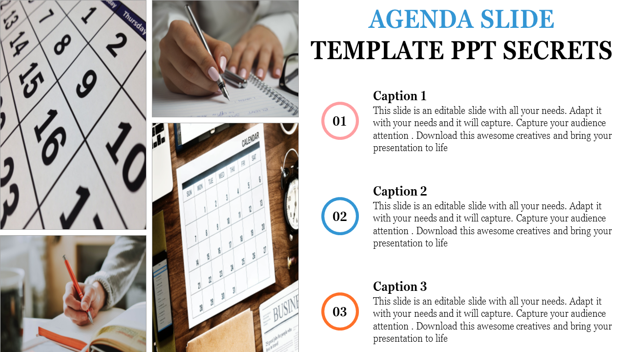Agenda slide featuring three numbered captions alongside images of calendars and note taking activities.