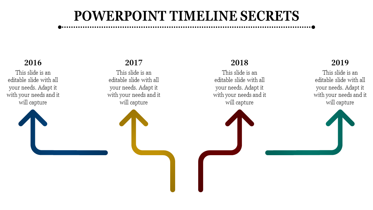 Timeline slide showing milestones from 2016 to 2019 with upward arrows and text for each year.