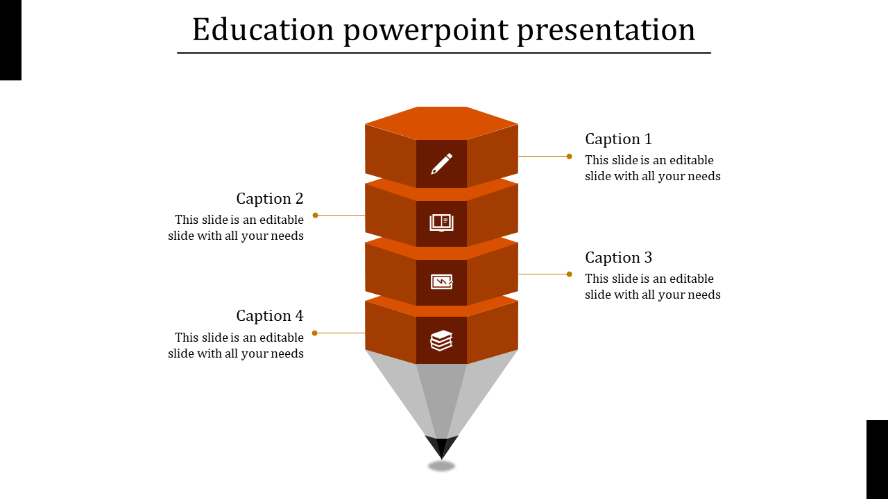 Brown segmented inverted pyramid infographic with icons and linked captions, designed for an education slide.