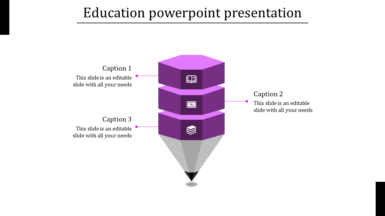 3D purple stacked hexagonal diagram shaped like a pencil, with three captions labeled on the left and right.