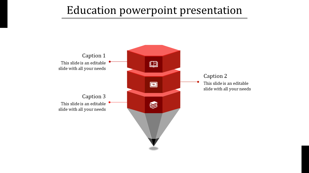 Red themed education PowerPoint presentation with a hexagonal design and three sections for content.