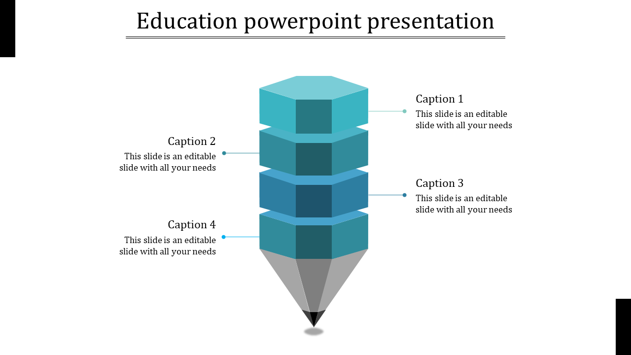 Education themed slide with a segmented inverted pyramid design, including four blue layers and captions areas.