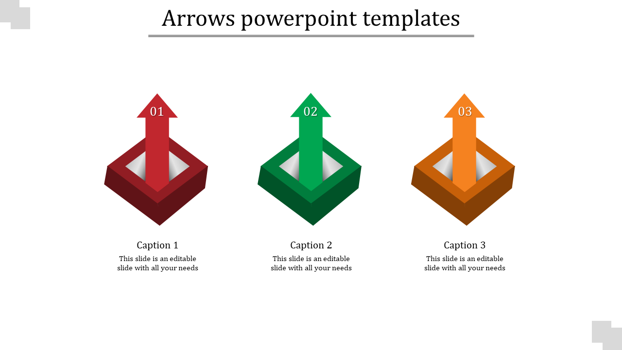 Horizontal arrangement of three upward-pointing 3D arrows in red, green, and orange, labeled 01 to 03 with captions below.